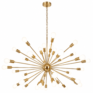 Gold sputnik chandelier with multiple arms on a white background