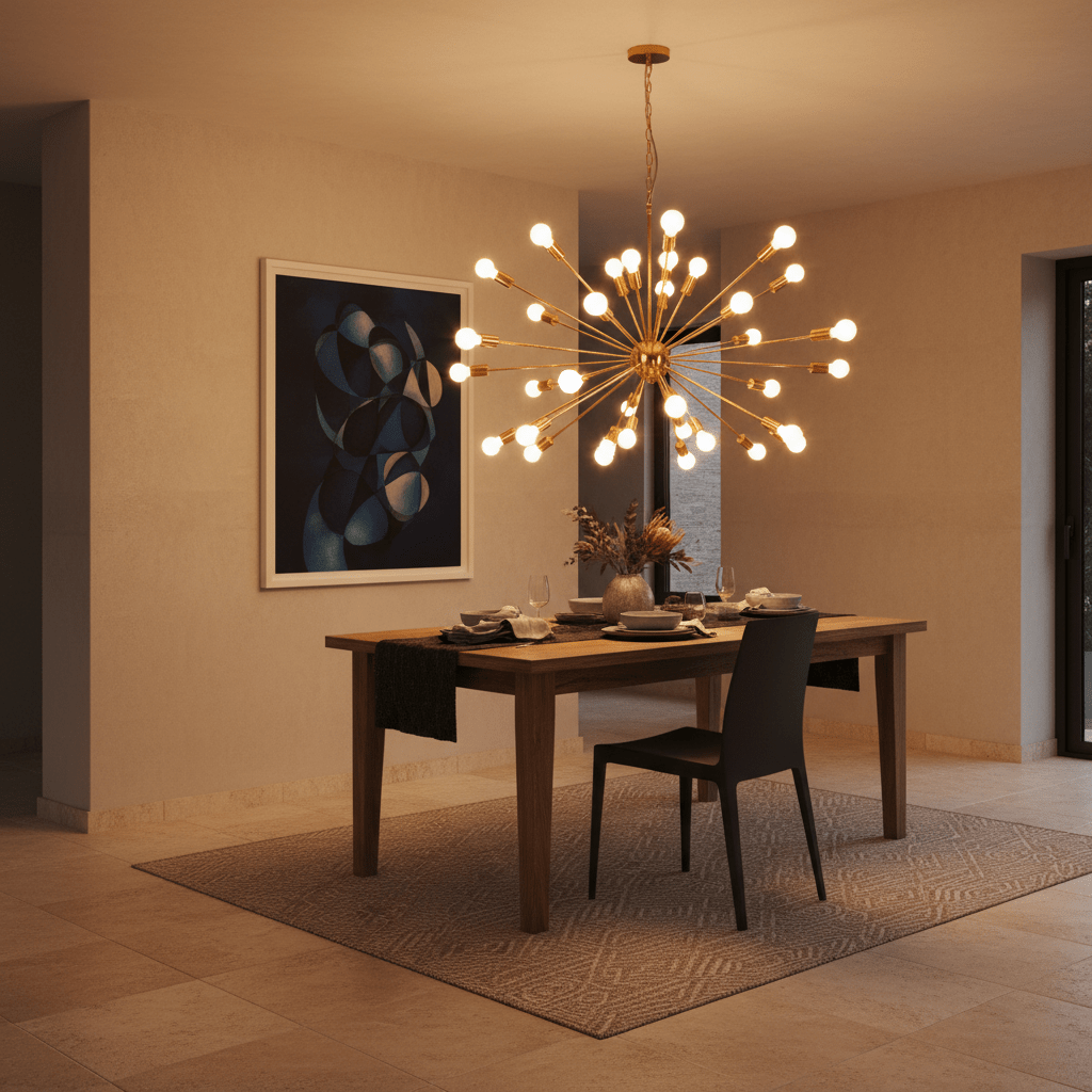 Stylish dining area featuring the Supernova 40 Satin Gold Pendant Light above a wooden table set for a meal.