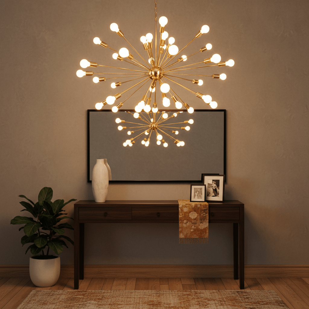 Satin gold pendant light with multiple bulb holders above a wooden console table and decorative items.