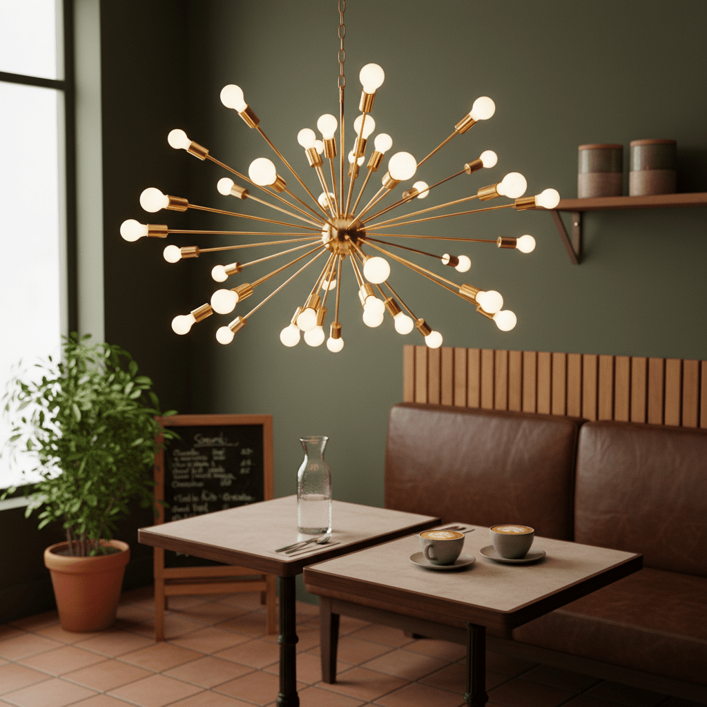 Satin gold pendant light with multiple bulbs hanging above a cozy café table setting.