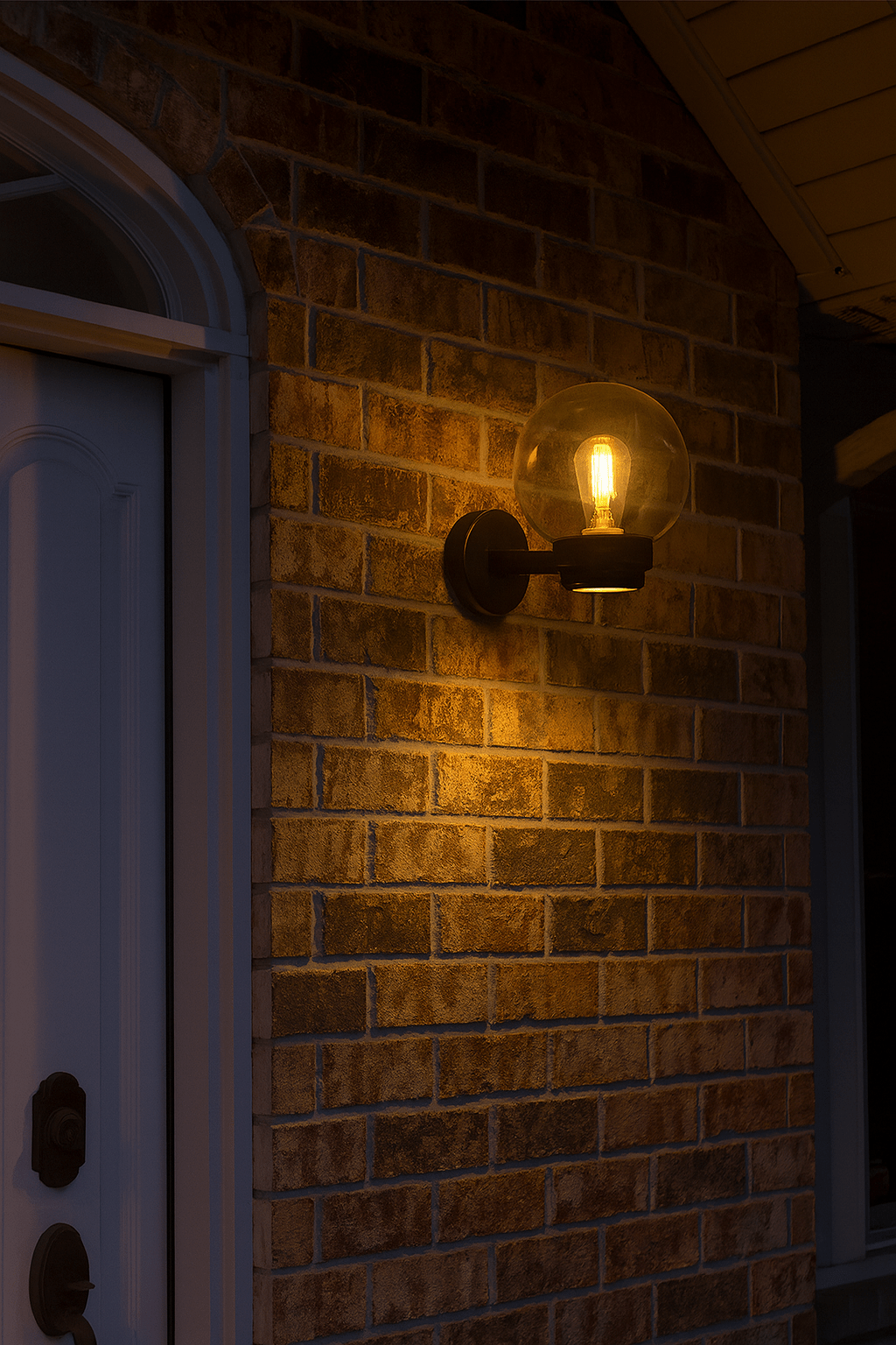Black outdoor wall light mounted on a brick wall, illuminating the entrance with warm light.