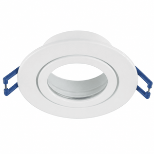 Die cast aluminium bathroom downlight holder with a glass cover and blue mounting clips.
