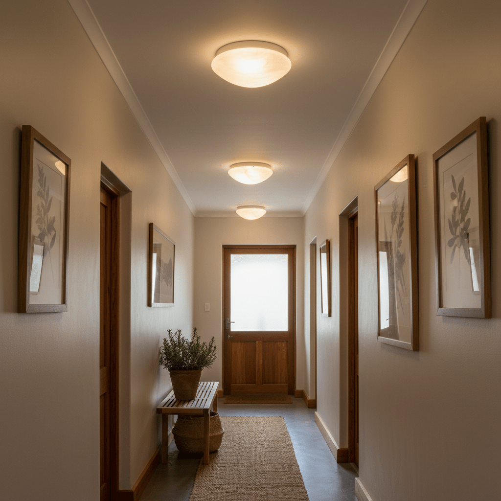 Modern flush-mount ceiling lights illuminate a stylish hallway with framed artwork and a wooden door.