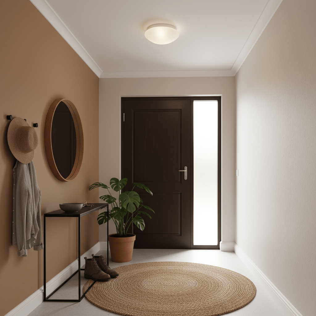 Modern flush-mount ceiling light illuminating a stylish entrance hall with a round rug and potted plant.
