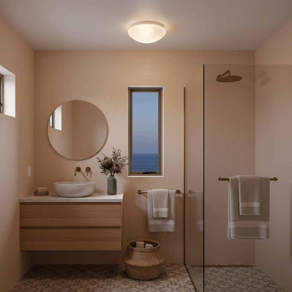 Modern bathroom featuring an alabaster ceiling light, wooden vanity, and decorative elements.