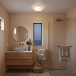 Modern bathroom featuring an alabaster ceiling light, wooden vanity, and decorative elements.