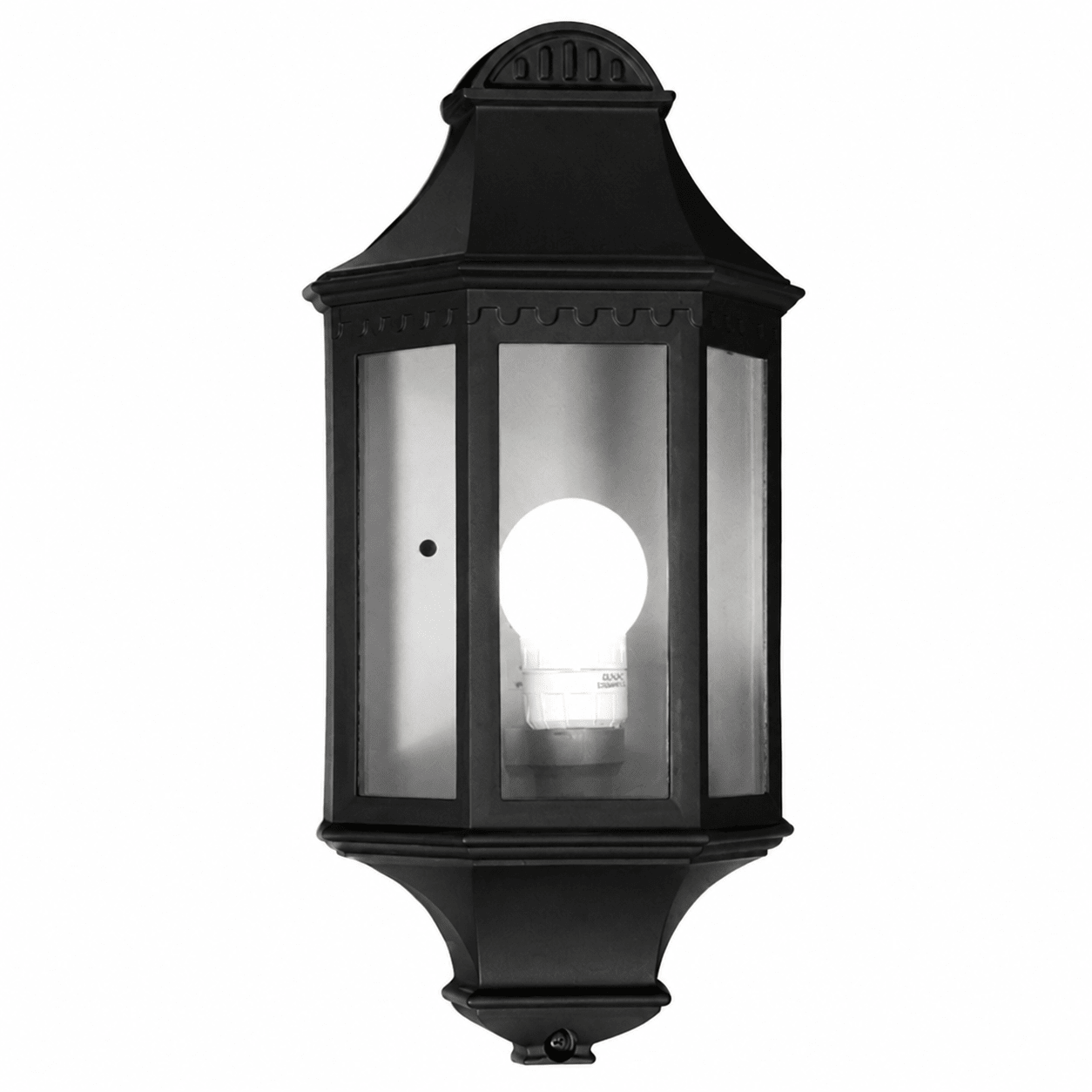 Black outdoor wall light fixture with clear glass cover on a white background