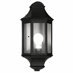 Black outdoor wall light fixture with clear glass cover on a white background