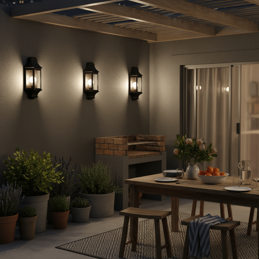 Three black outdoor wall lights illuminate a patio with a wooden table and potted plants.