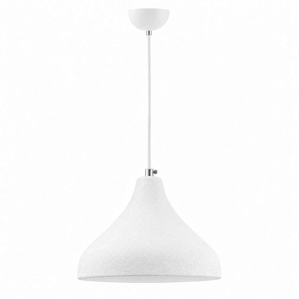 Modern white pendant light with a ceramic shade and metal fixture, suspended from a white ceiling mount.