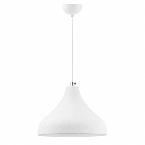 Modern white pendant light with a ceramic shade and metal fixture, suspended from a white ceiling mount.