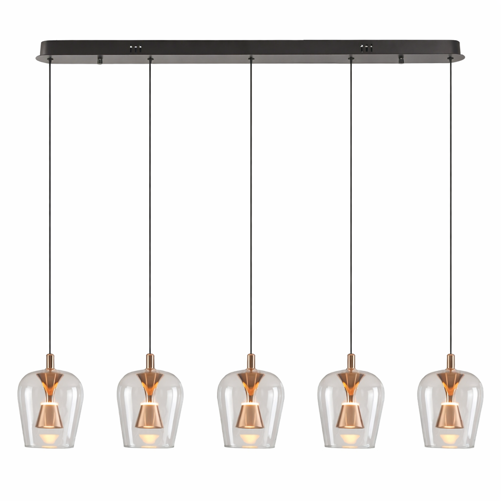 Modern pendant light fixture with clear glass shades and copper accents on a white background