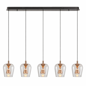 Modern pendant light fixture with clear glass shades and copper accents on a white background