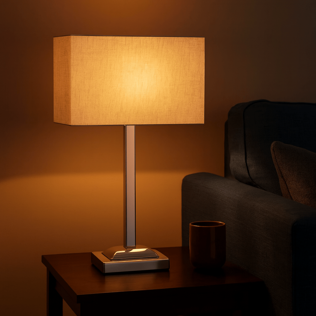 Polished Chrome Table Lamp with Champagne Fabric Shade