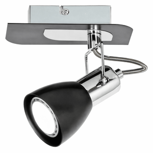 Polished chrome and black spotlight mounted on a ceiling, showcasing a sleek design.