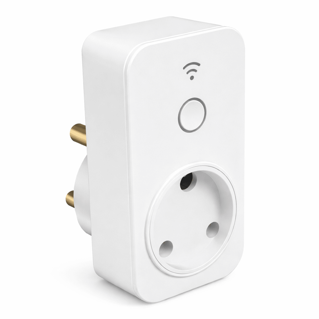 White smart plug with Wi-Fi symbol on a white background