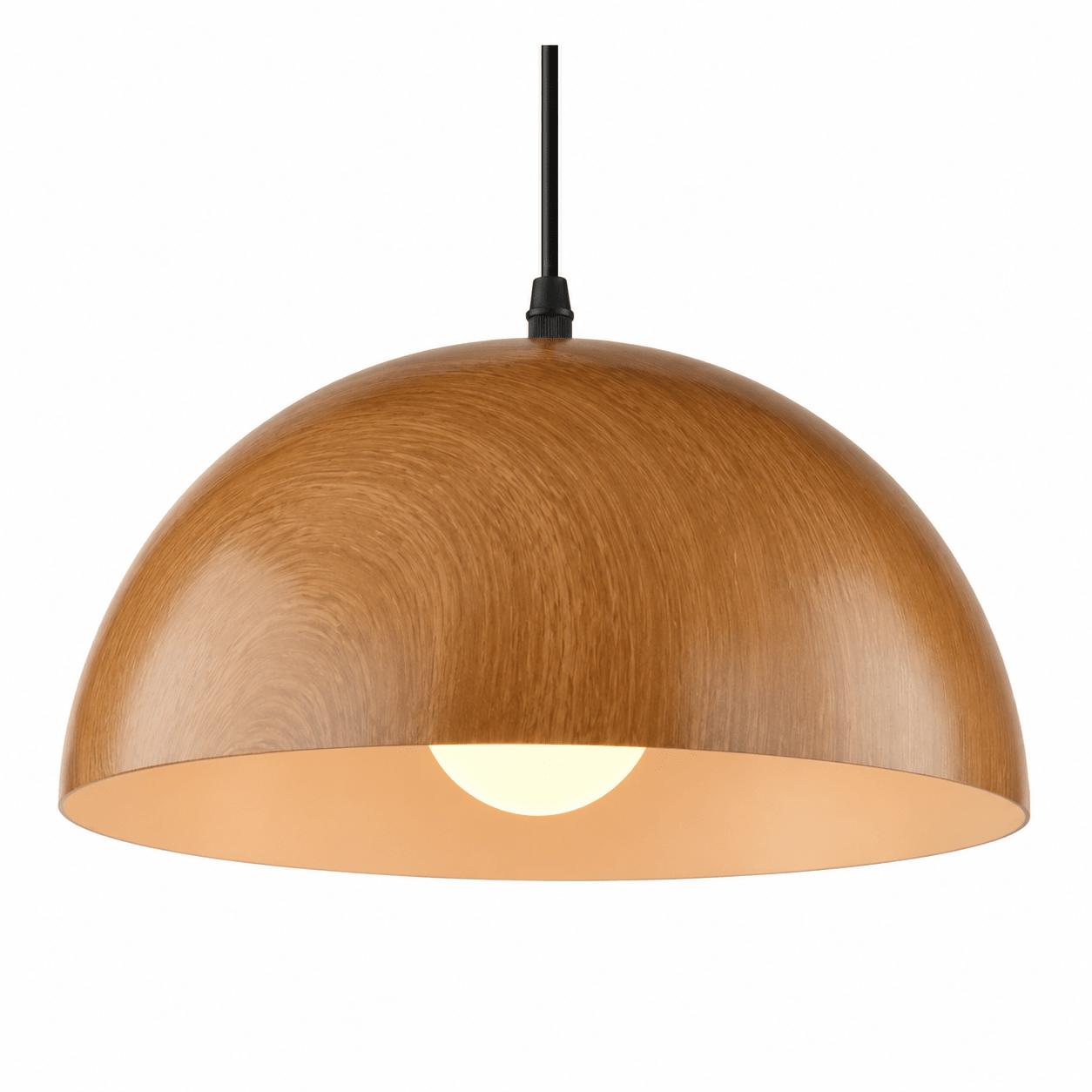 Dome wood grain pendant light with a smooth finish and downward light source, ideal for dining areas.