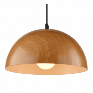 Dome wood grain pendant light with a smooth finish and downward light source, ideal for dining areas.