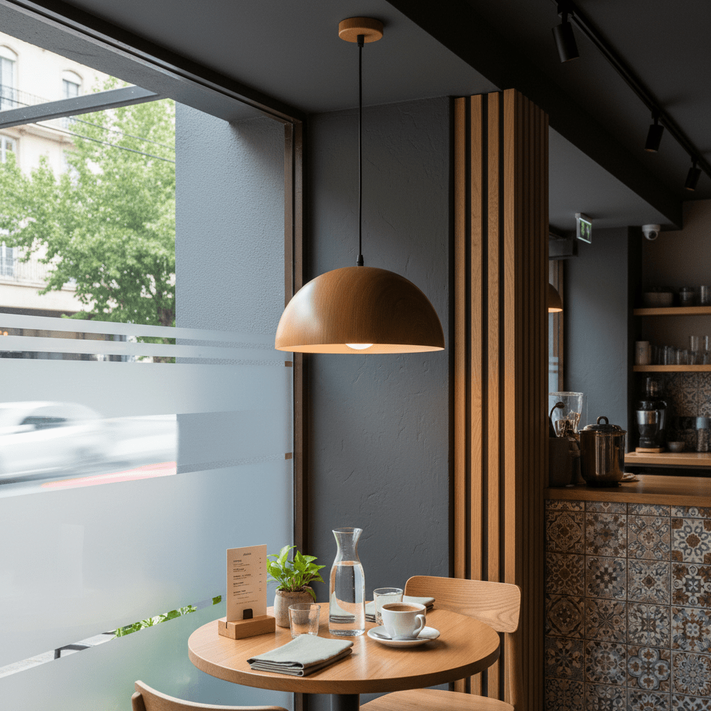 Dome wood grain pendant light hanging over a cozy dining table with a water pitcher and coffee cup.