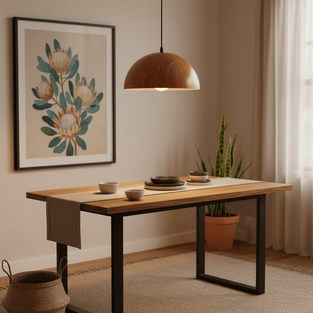 Dome wood grain pendant light hanging above a wooden dining table set with plates and bowls, featuring a plant and artwork
