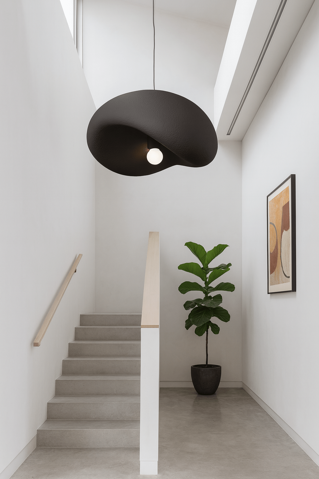 Obsidian Drift 700 Pendant Light hanging above a staircase, complemented by a potted plant and wall art.