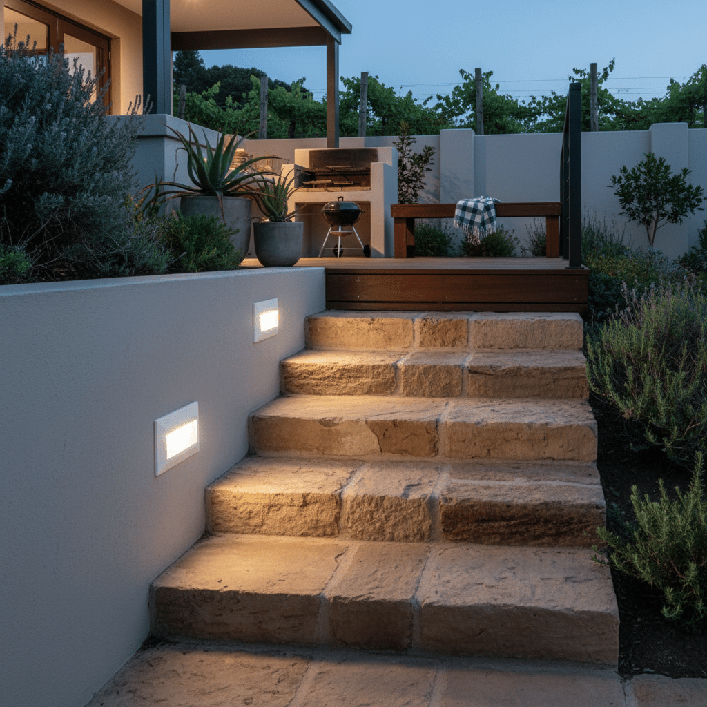 Outdoor stone steps illuminated by white LED foot lights, with a patio and garden in the background.
