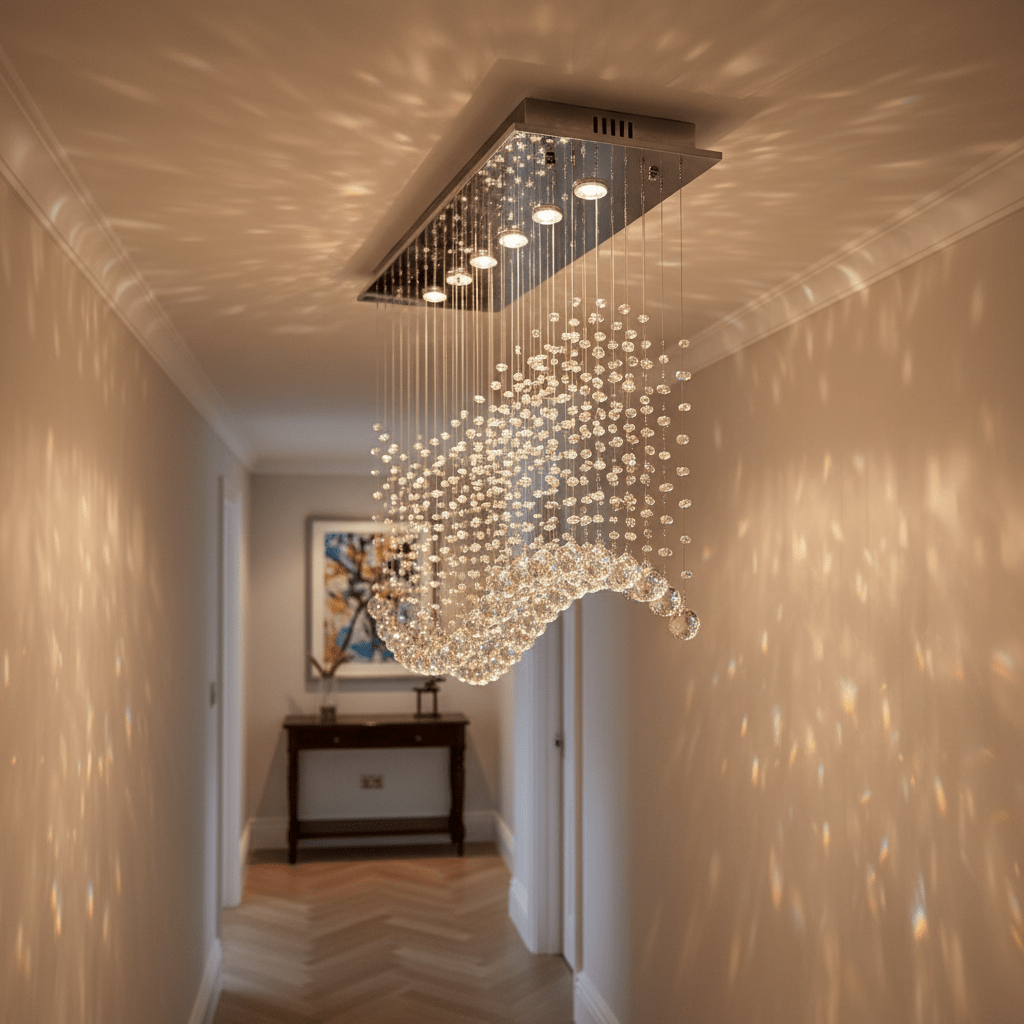 Waverley Chrome Chandelier with crystal detailing suspended in a stylish hallway, casting reflections on the walls.