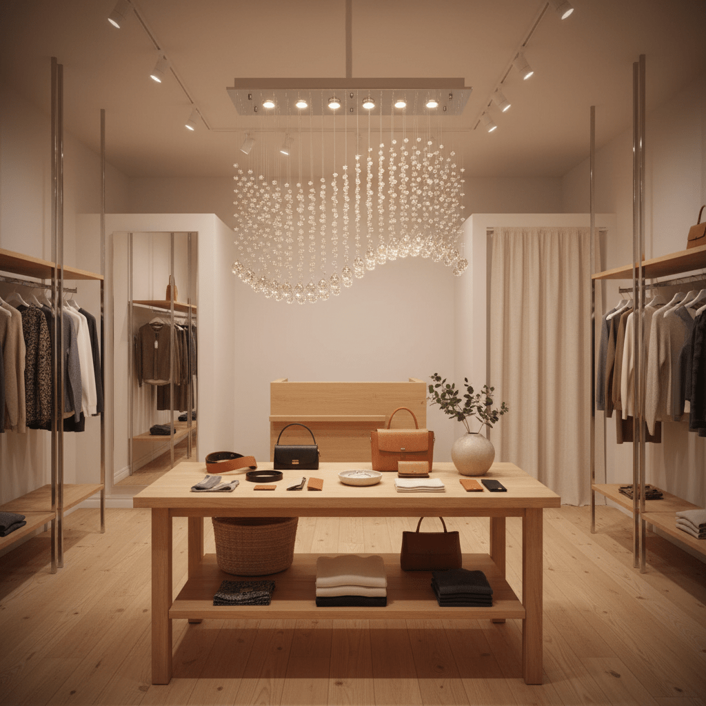 Waverley Chrome Chandelier illuminating a stylish retail space with clothing racks and a wooden display table.