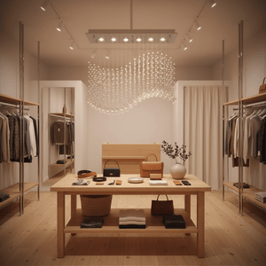 Waverley Chrome Chandelier illuminating a stylish retail space with clothing racks and a wooden display table.