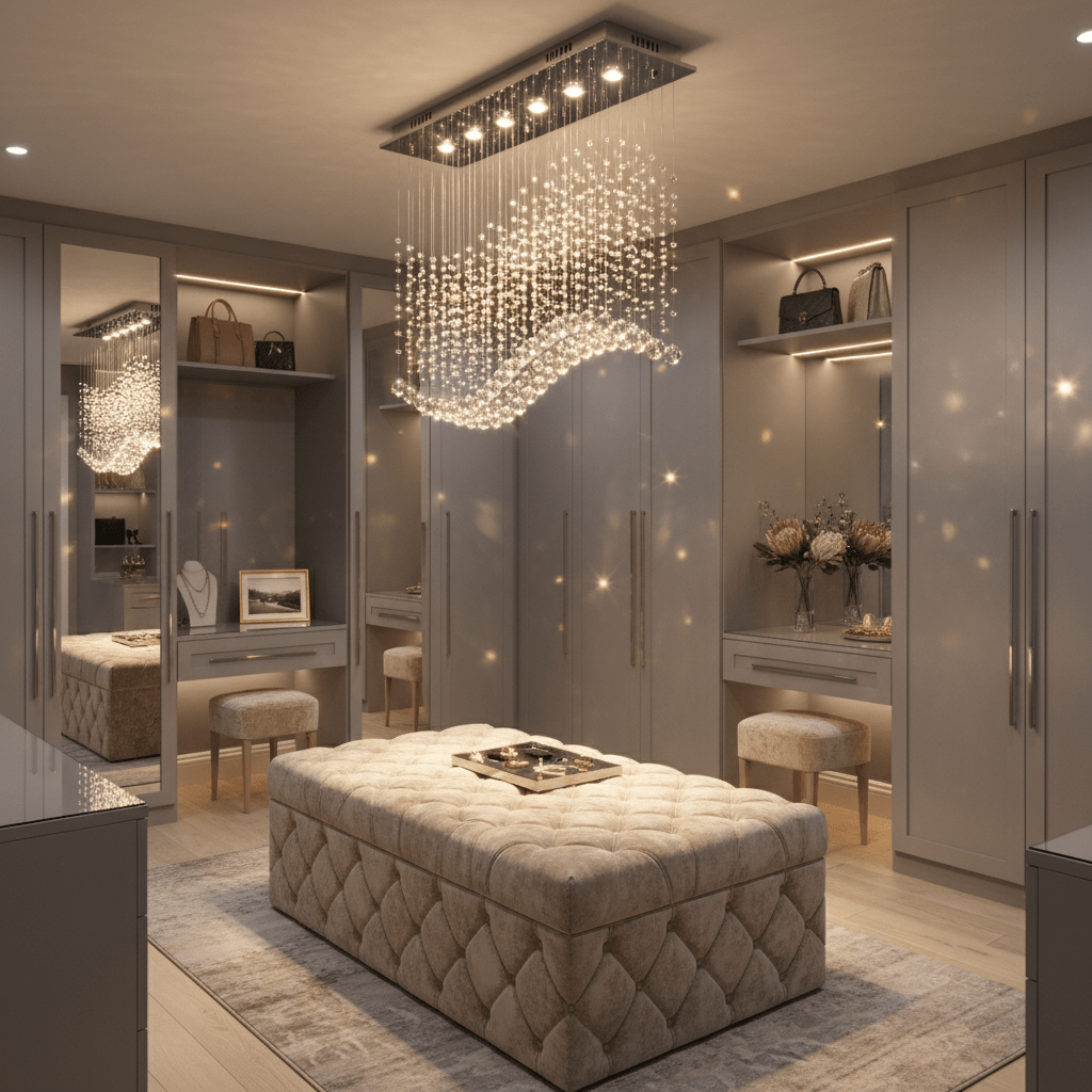 Waverley Chrome Chandelier illuminating a stylish dressing area with plush ottoman and mirrored cabinets.