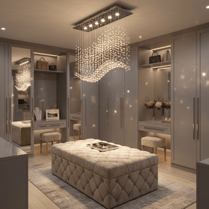 Waverley Chrome Chandelier illuminating a stylish dressing area with plush ottoman and mirrored cabinets.