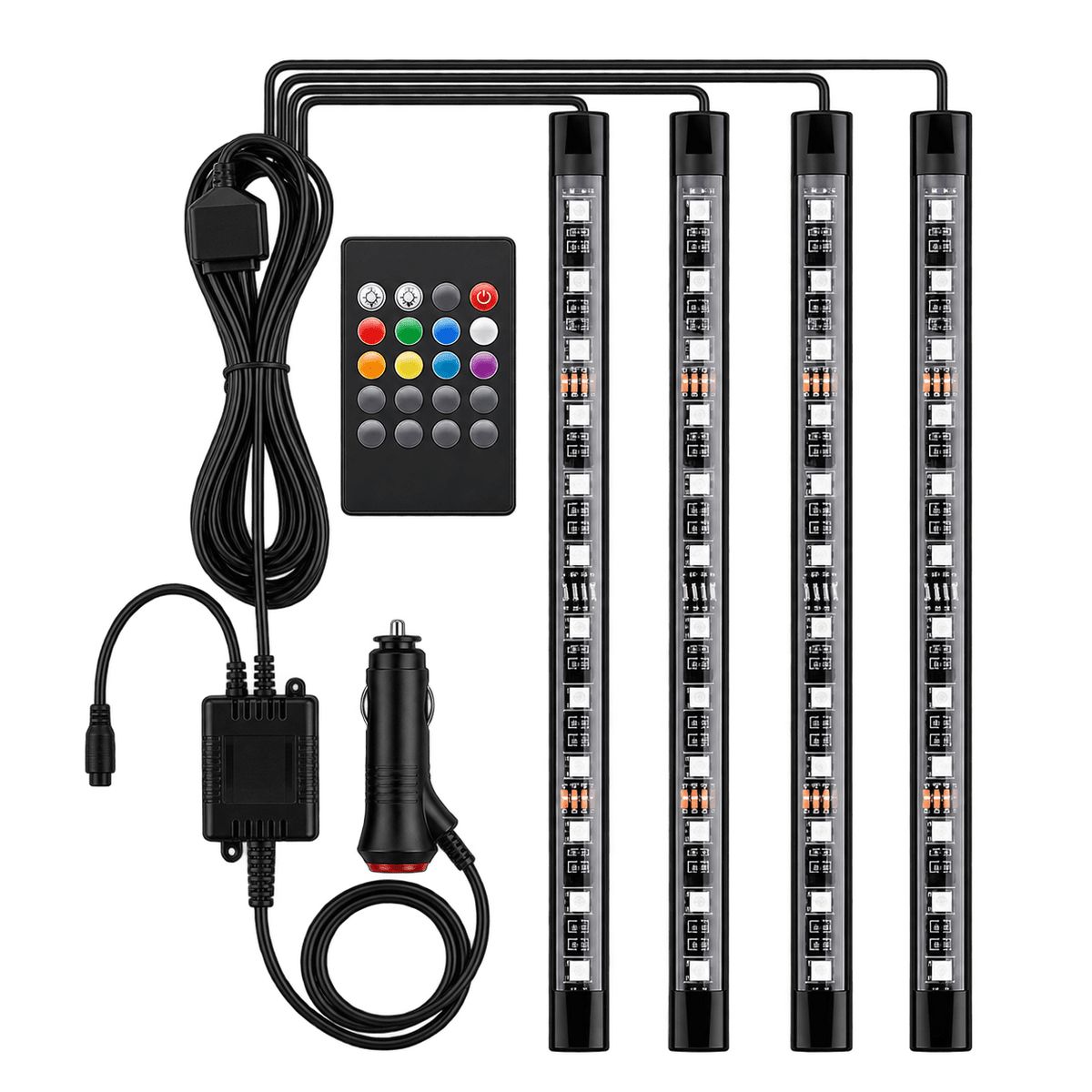 RGB dashboard LED lighting kit with remote, controller and cigarette lighter plug on transparent background