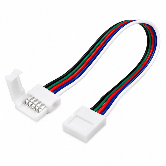 Solderless LED strip light connector with multiple colored wires for easy installation.