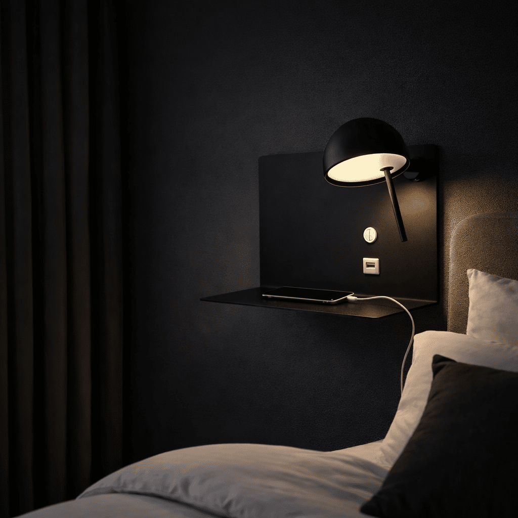 Contemporary black USB wall light mounted beside a bed, illuminating a nightstand with a phone charging.
