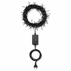 Black string lights with plug on a white background