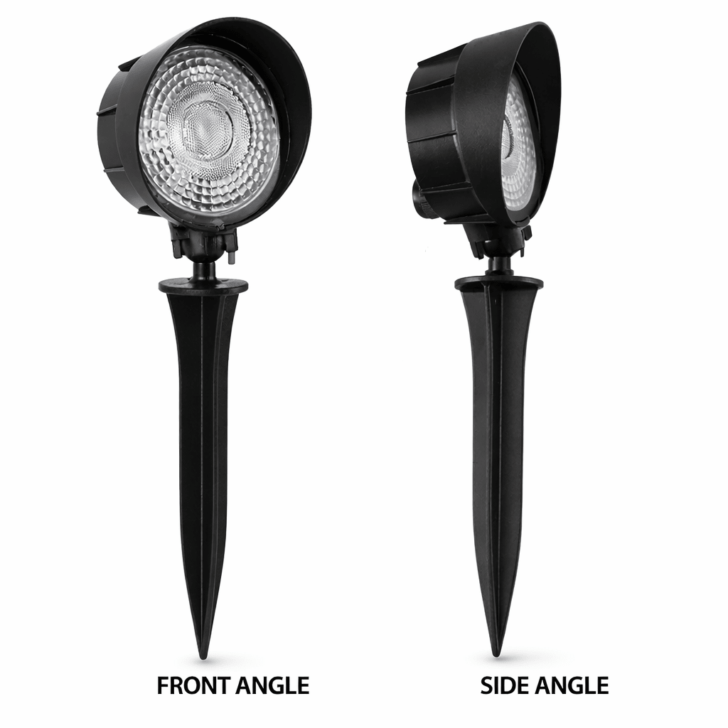 Two black outdoor lights on stakes with 'Front Angle' and 'Side Angle' labels.