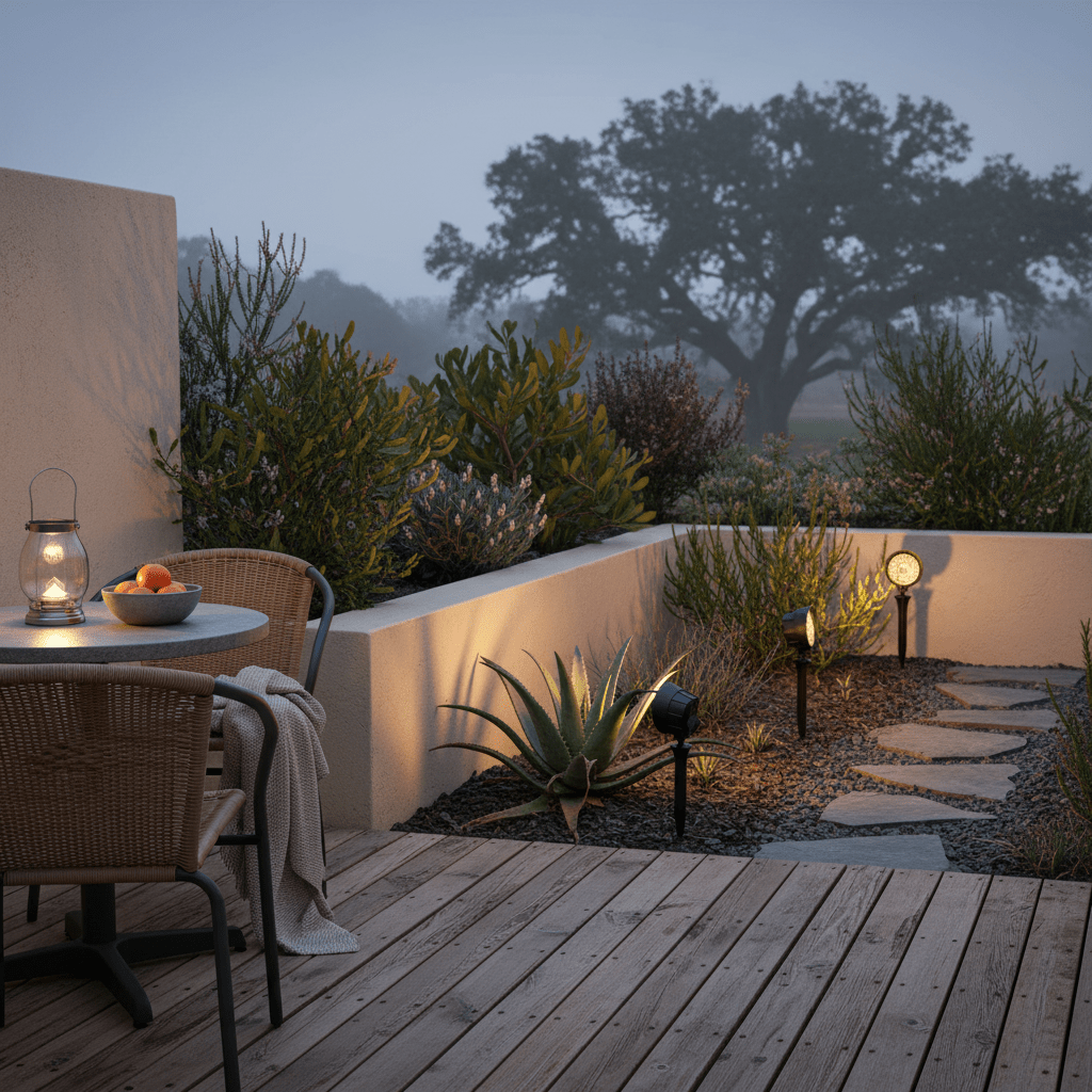 Warm black LED garden spotlights illuminating a stone pathway and plants in a serene outdoor setting.