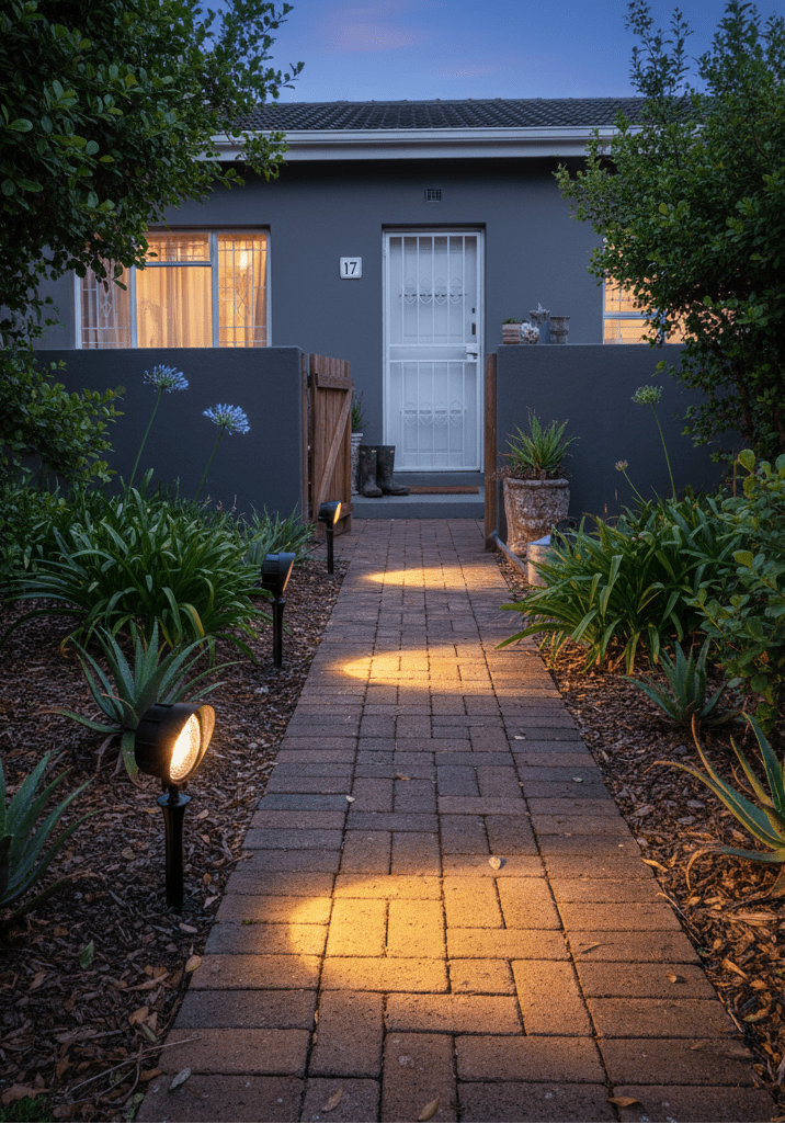 Two black outdoor lights on stakes with 'Front Angle' and 'Side Angle' labels.