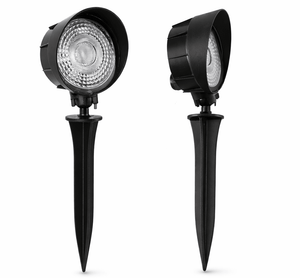 Warm black LED garden spike light with a pointed base for easy installation.