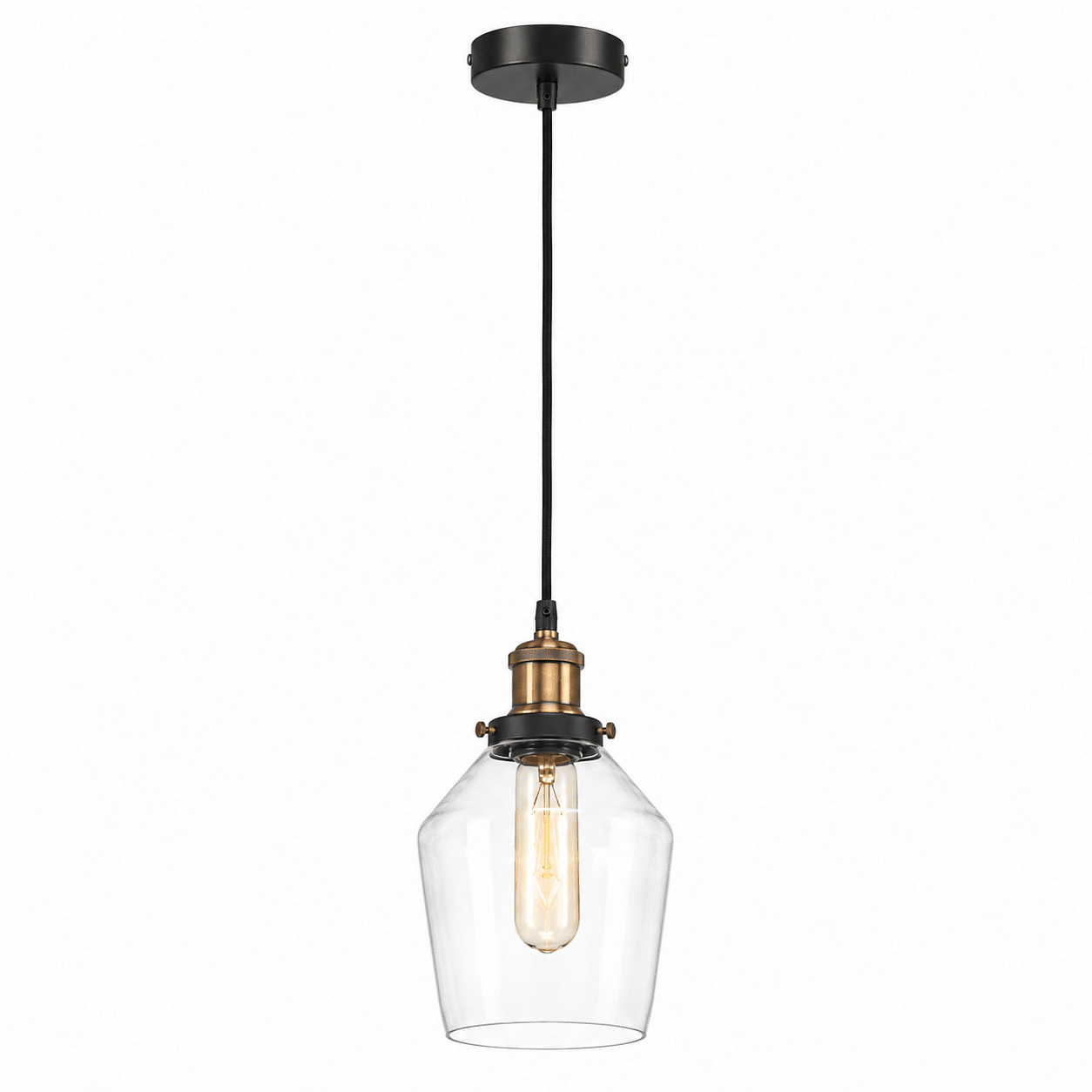 Antique brass and clear glass pendant light hanging from a black ceiling mount.