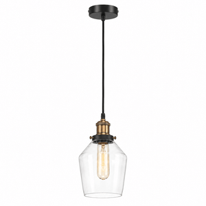 Antique brass and clear glass pendant light hanging from a black ceiling mount.