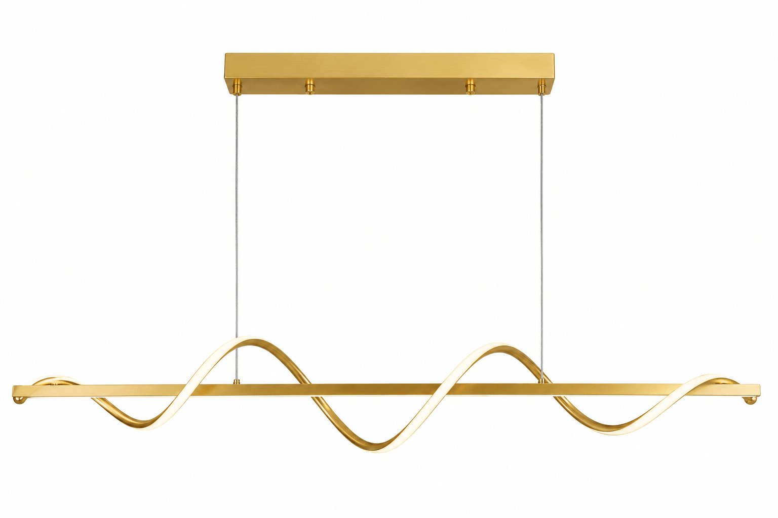 Gold linear LED pendant light with a sleek wave design, suspended from a rectangular ceiling mount.
