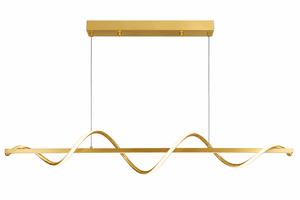 Gold linear LED pendant light with a sleek wave design, suspended from a rectangular ceiling mount.