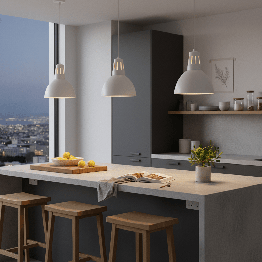 Modern kitchen with 3 metal pendant lights over kitchen island.