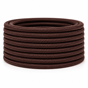 A 10m roll of brown 2-core fabric cable, neatly coiled for decorative wiring projects.