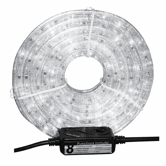 Roll of LED strip lights with a power adapter on a white background
