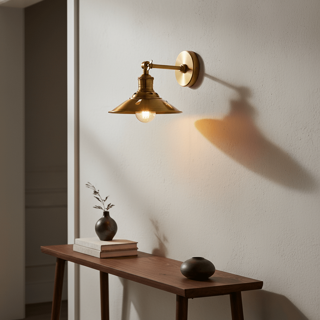 Antique brass wall lamp mounted on a wall, illuminating a wooden table with decor items.
