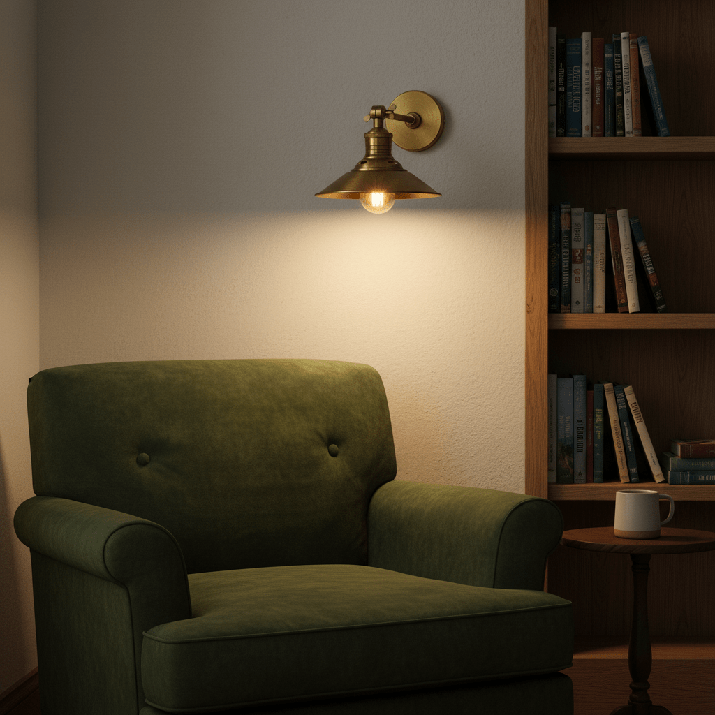 Antique brass wall lamp illuminating a cozy green armchair beside a bookshelf.