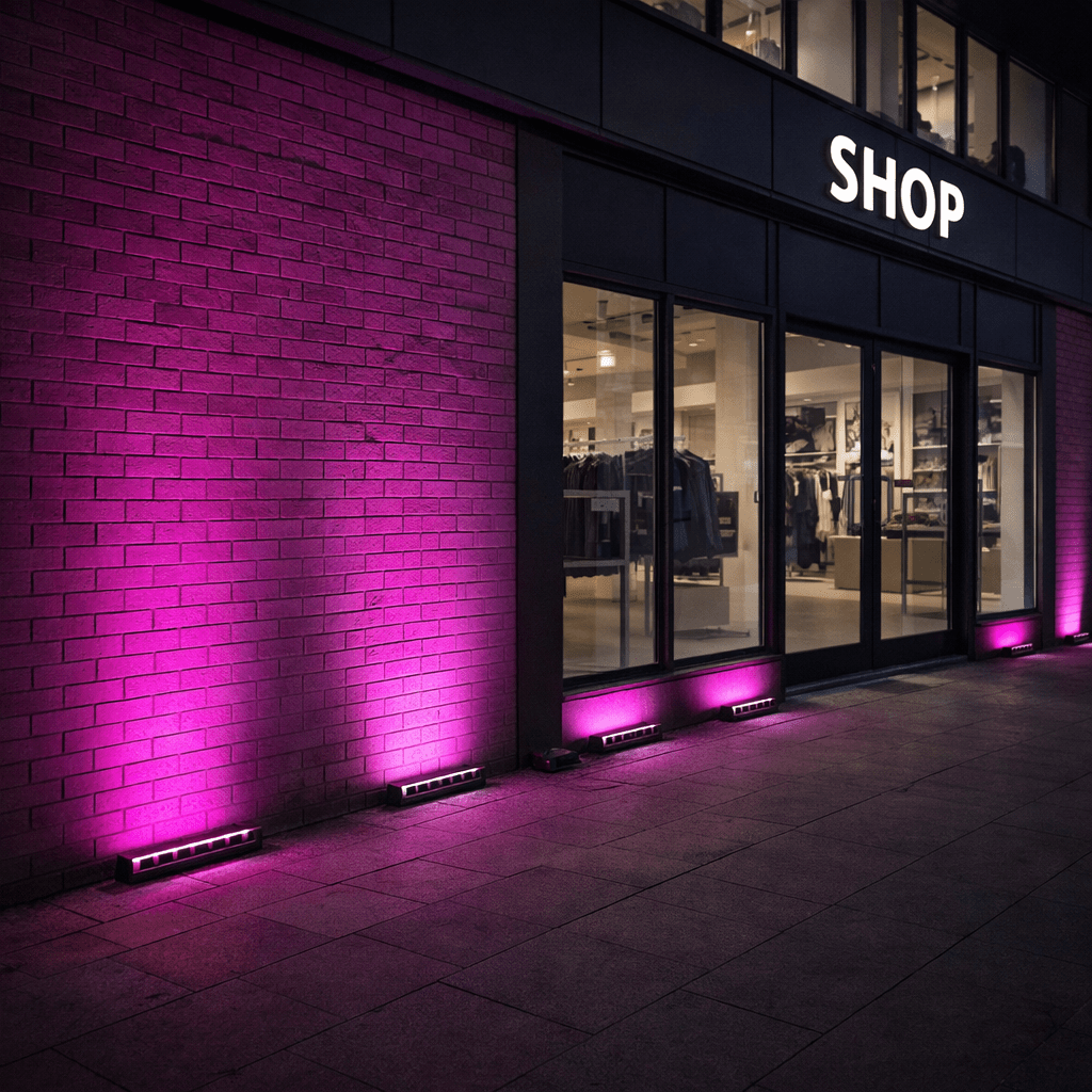 Shop exterior with purple lighting on a brick wall at night