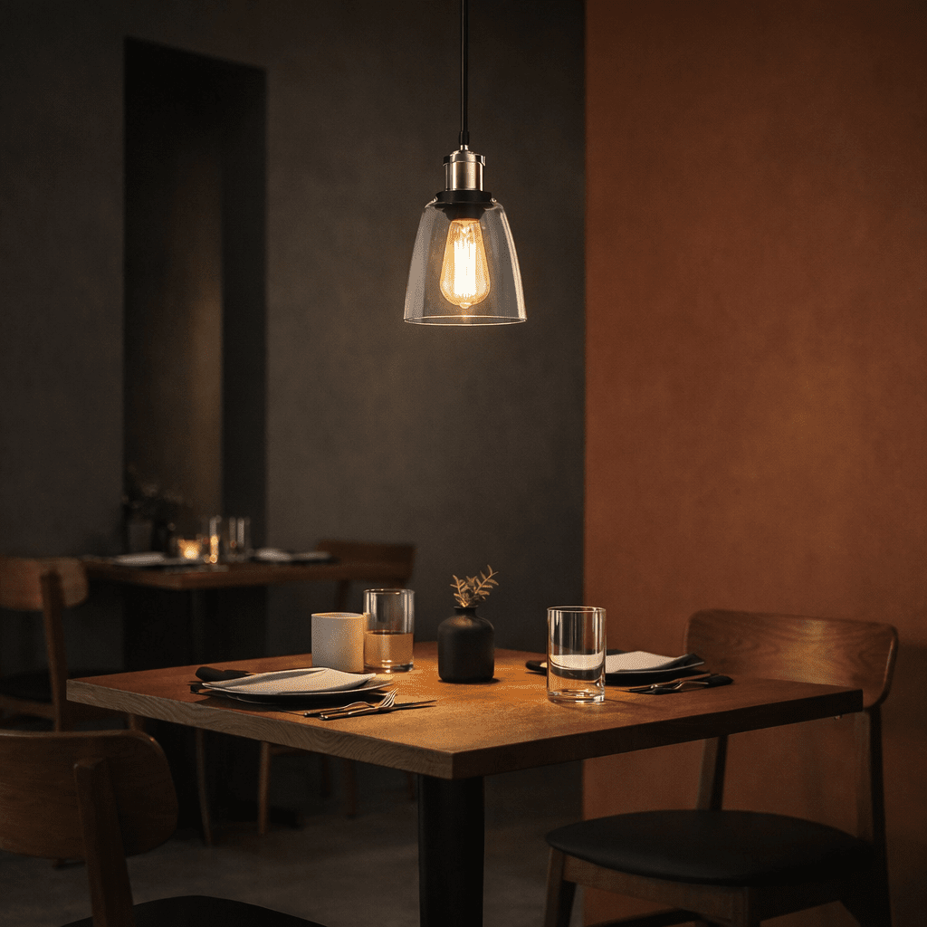 Satin chrome pendant light with clear glass shade illuminating a dining table in a stylish restaurant setting.